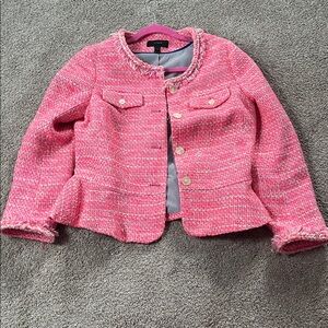 J crew Adorable Barbie neon pink fringe peplum “tweed” jacket sz4